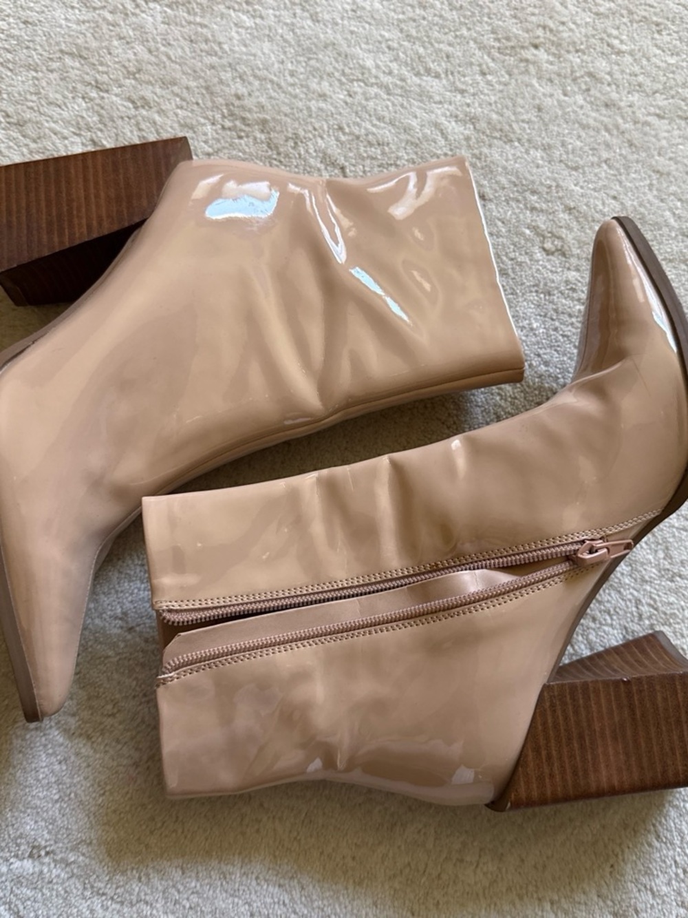 Steve Madden Patent Block Heel Ankle Boots - Nude Beige